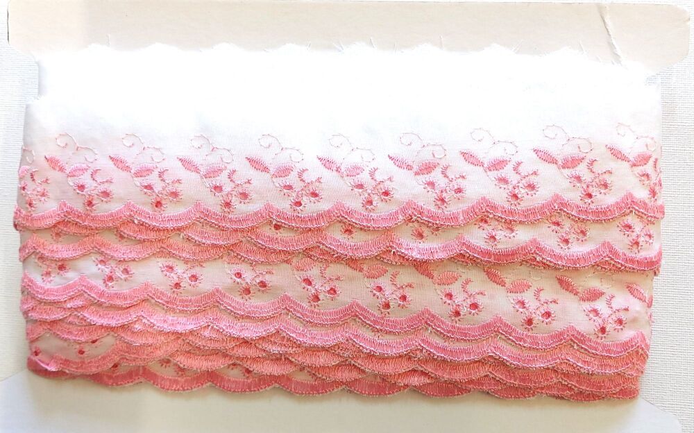 Broderie Anglaise Flat Scalloped Trim 75mm Wide White with Pink