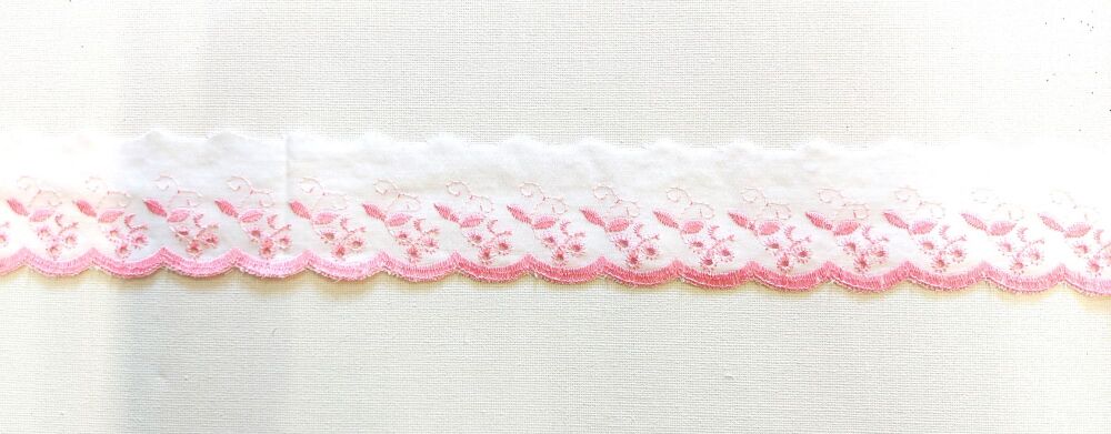 Broderie Anglaise Flat Scalloped Trim 50mm Wide White with Pink