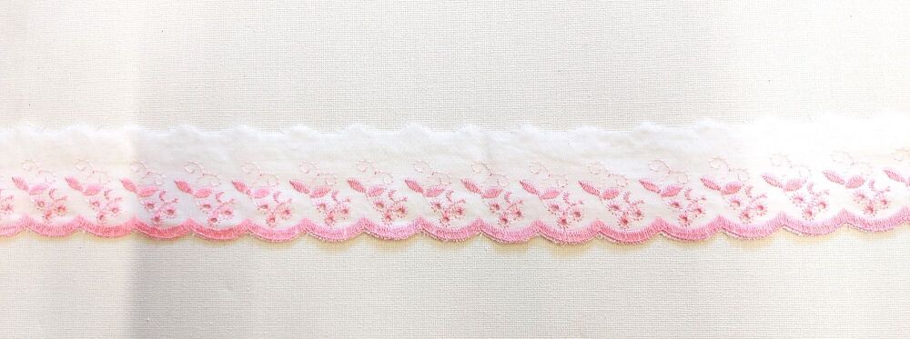 Broderie Anglaise Flat Scalloped Trim 75mm Wide White with Pink