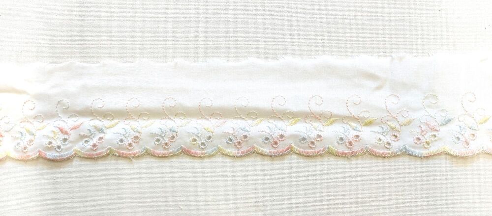 Broderie Anglaise Flat Scalloped Trim 75mm Wide White with Pastel Edge