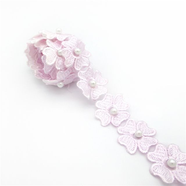 Pearl Flower Trim Embroidery Applique 40mm Wide Lilac