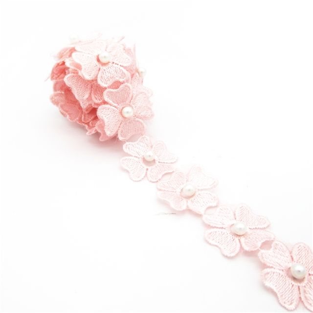 Pearl Flower Trim Embroidery Applique 40mm Wide Light Pink