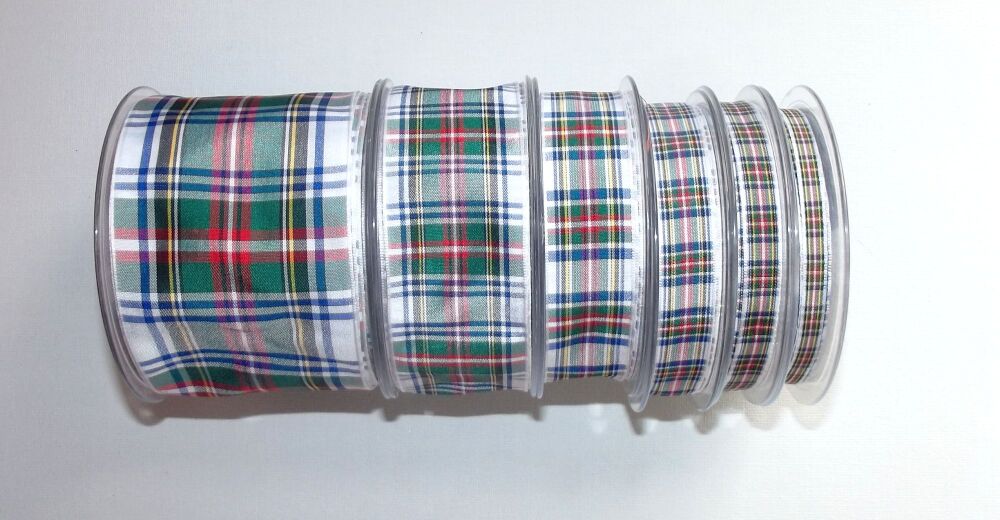 Tartan Ribbon Dress Stewart 7/10/16/25/38/70mm Widths Sold per metre White