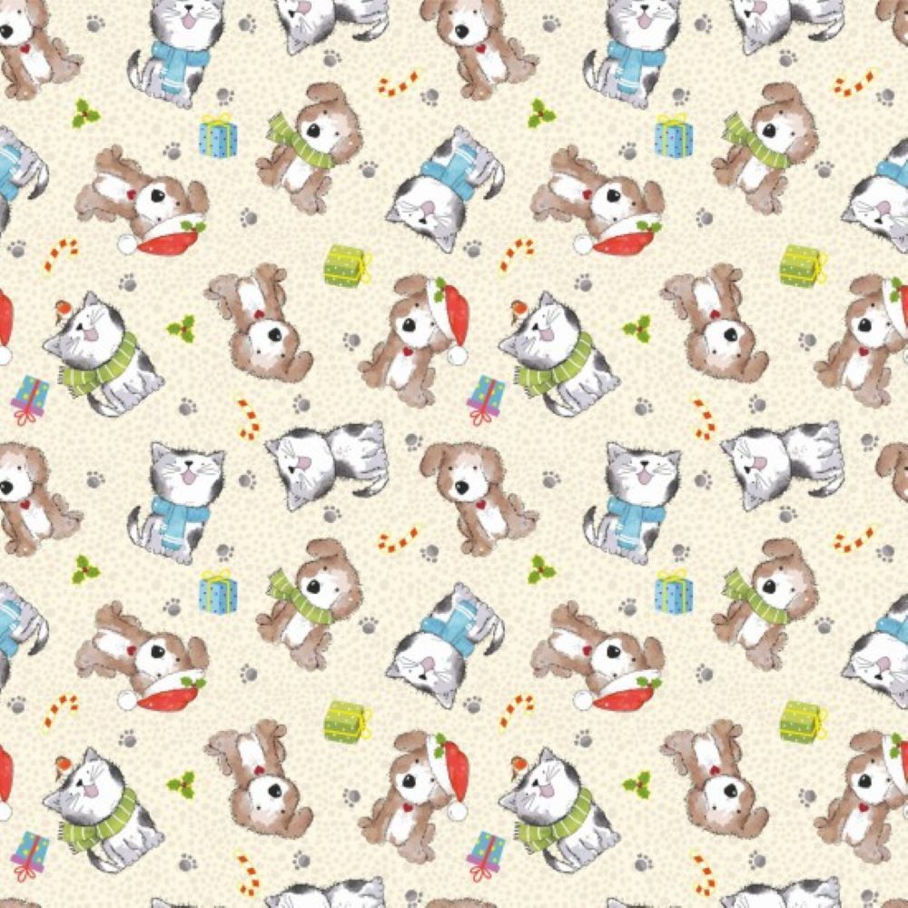 Christmas Fabric Festive Cats and Dogs 112cm (44") Wide Sold as FQ, 1/2m or 1m 81360-101 Cream/Gold