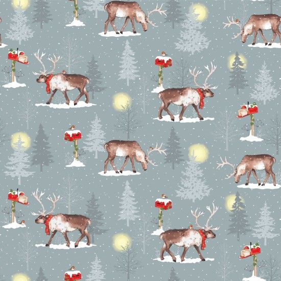 Christmas Fabric Winter Moon 112cm (44") Wide Sold as FQ, 1/2m or 1m Deer/Post 80970-103