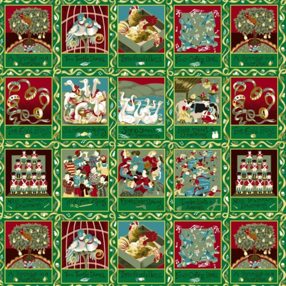 Christmas 12 Days Squares Block Panel by Nutex 30cm x 110cm approx  87800-103 Green