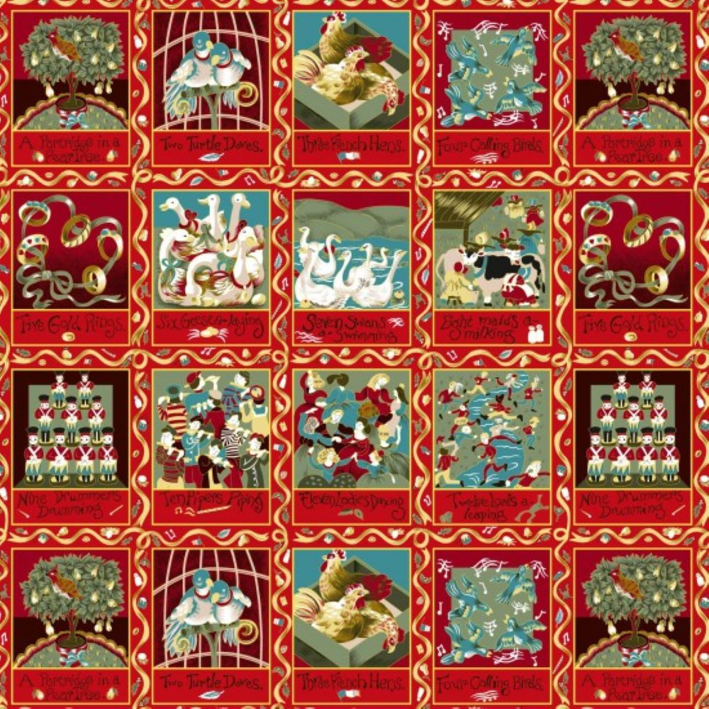 Christmas 12 Days Squares Block Panel by Nutex 30cm x 110cm approx  87800-102 Red