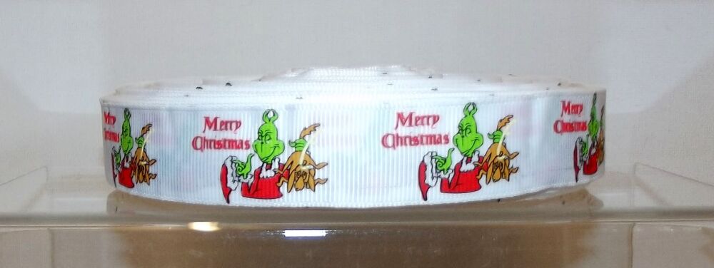 Christmas Grosgrain Ribbon 22mm Wide Sold per metre The Grinch - White