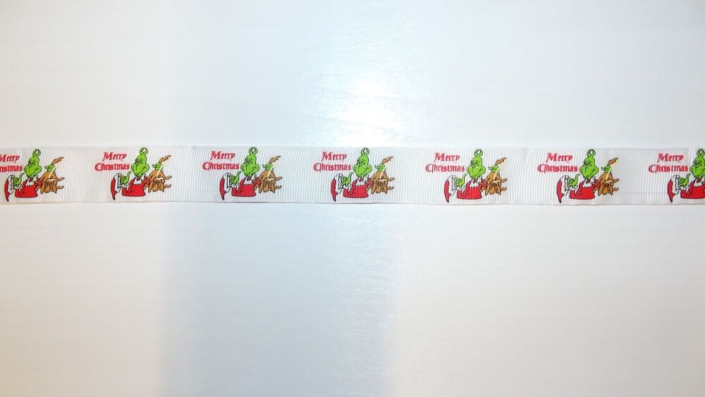 Christmas Grosgrain Ribbon 22mm Wide Sold per metre The Grinch - White