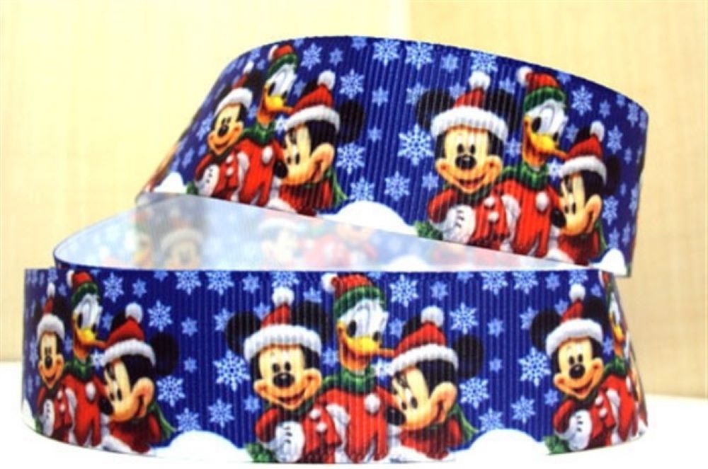 Christmas Grosgrain Ribbon 22mm Wide Sold per metre Mickey & Minnie - Blue