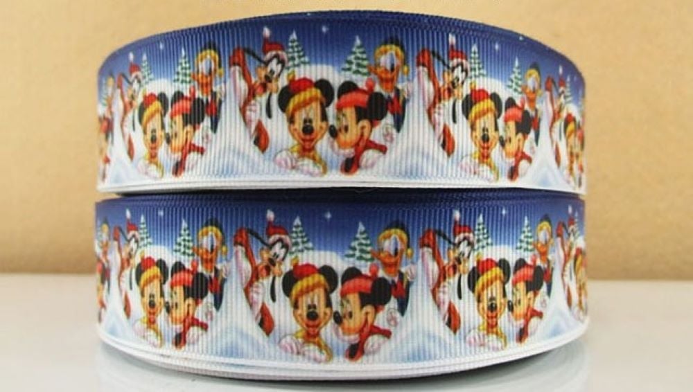 Christmas Grosgrain Ribbon 25mm Wide Sold per metre Mickey, Minnie, Pluto & Goofy - Blue