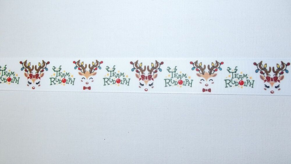 Christmas Grosgrain Ribbon 22mm Wide Sold per metre Team Rudolph - White