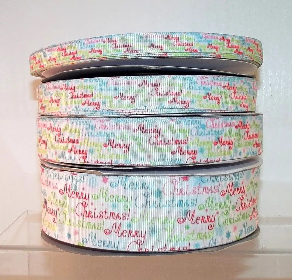 Christmas Grosgrain Ribbon 10/16/22/38mm Widths Sold per Metre Merry Christmas - White