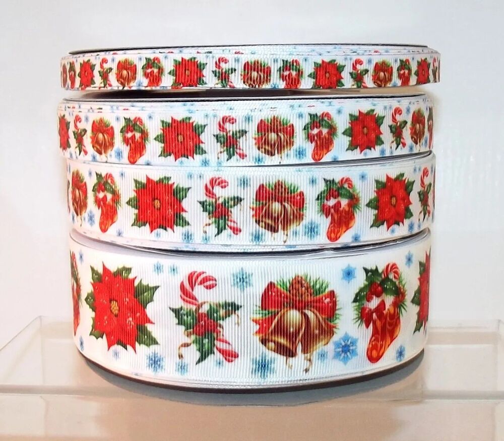 Christmas Grosgrain Ribbon 10/16/22/38mm Widths Sold per Metre Poinsettias - White