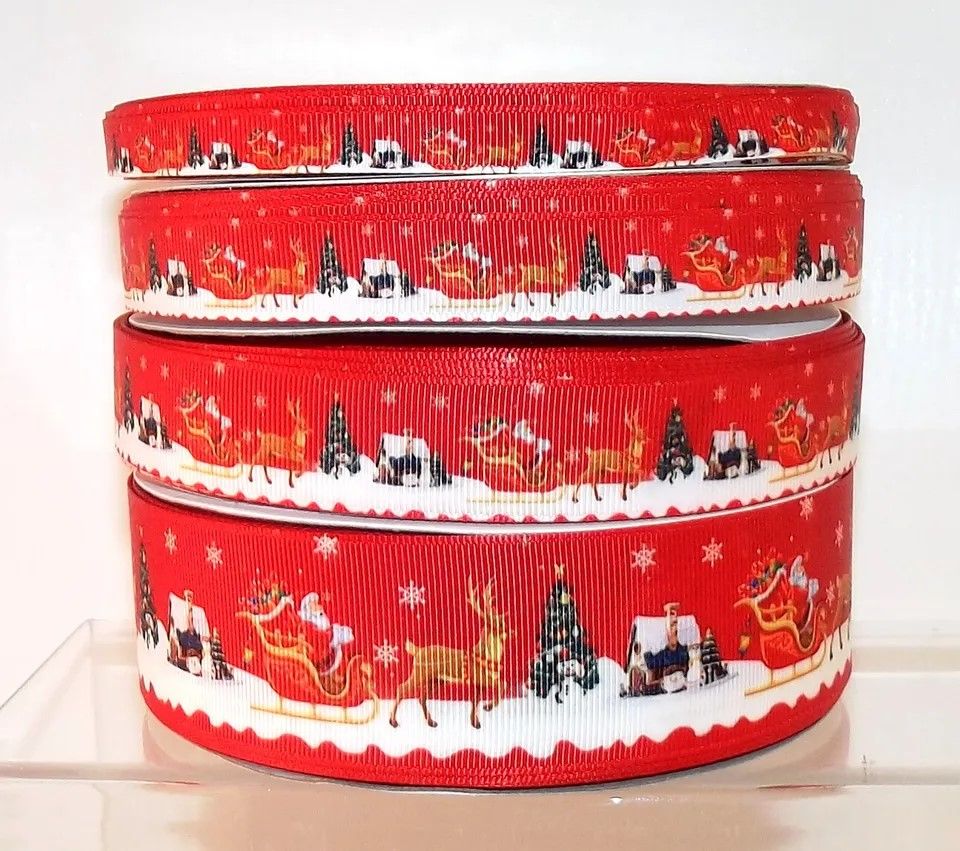 Christmas Grosgrain Ribbon 10/16/22/38mm Widths Sold per Metre Sleigh - Red