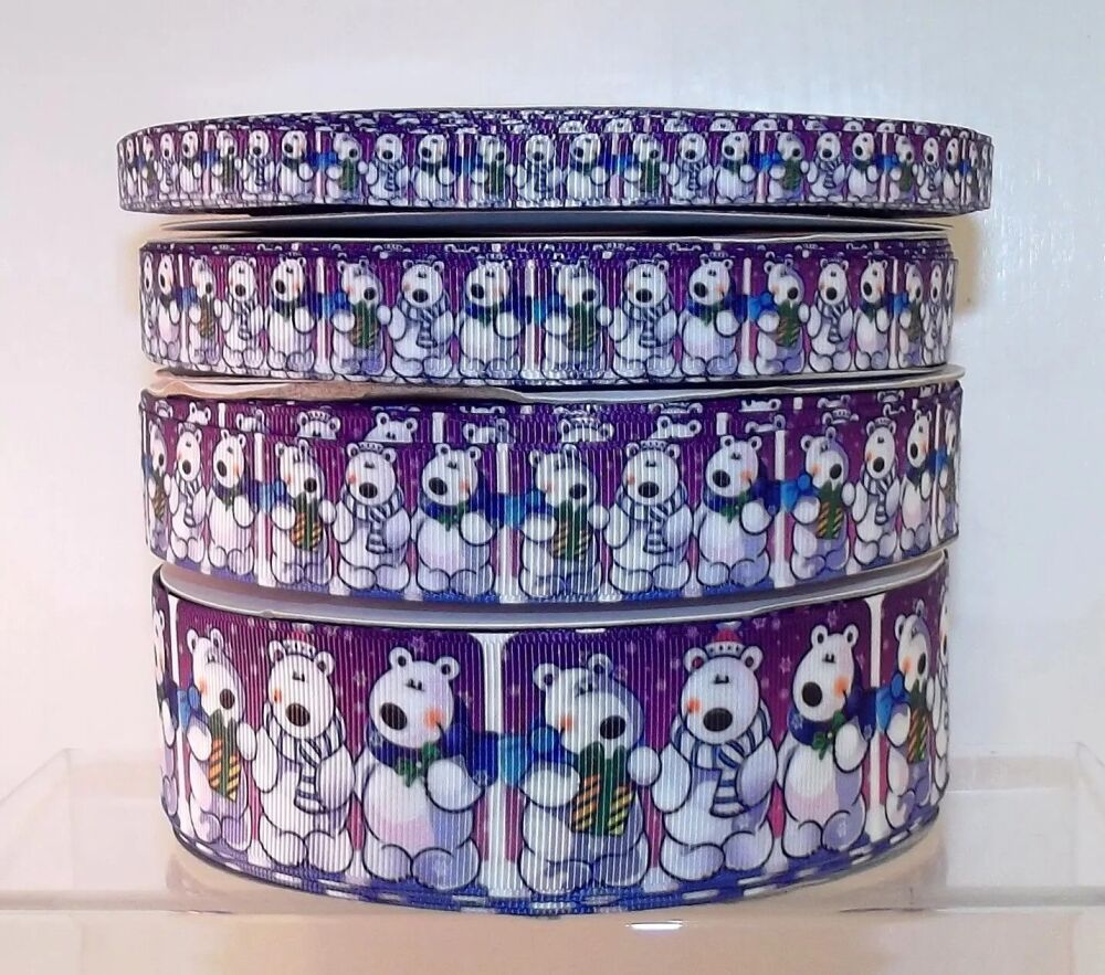 Christmas Grosgrain Ribbon 10/16/22/38mm Widths Sold per Metre Snow Bears - Purple