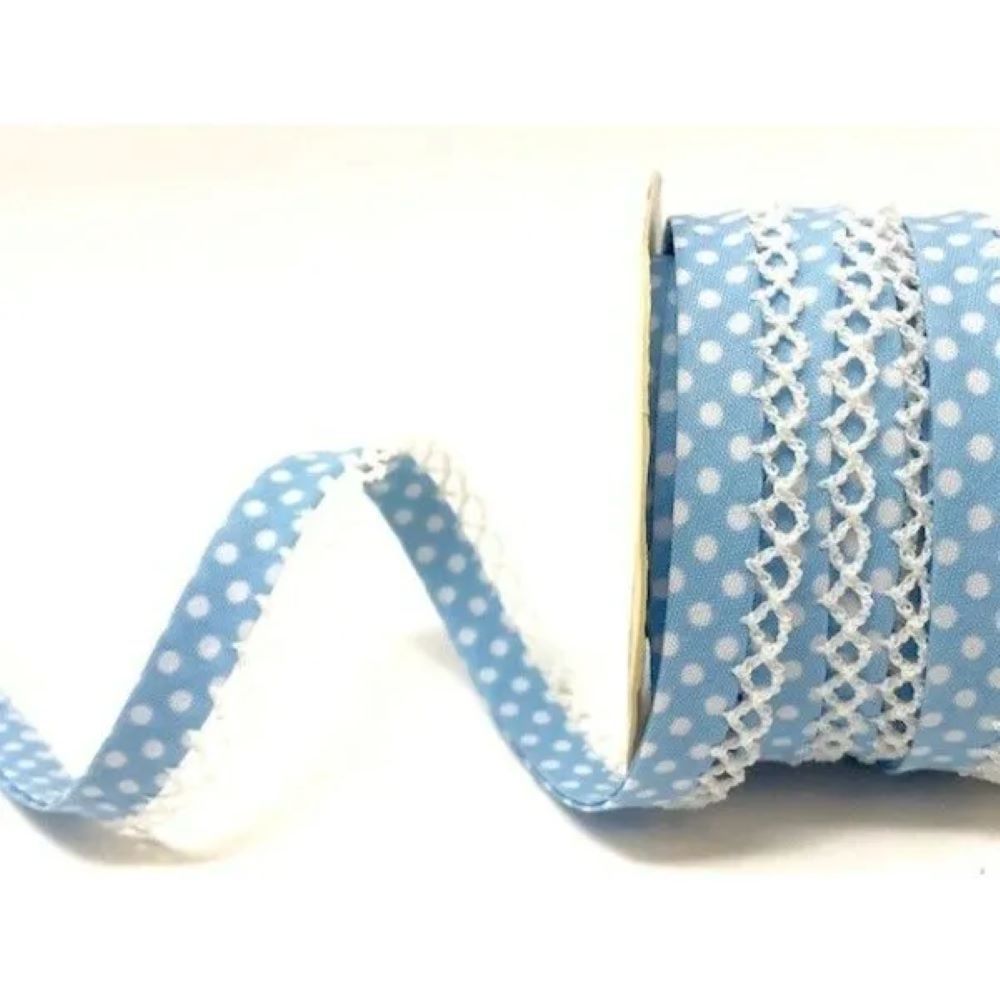 Picot Edge Polka Dot Bias Binding 12mm Wide 100% Cotton Sold per Metre Blue