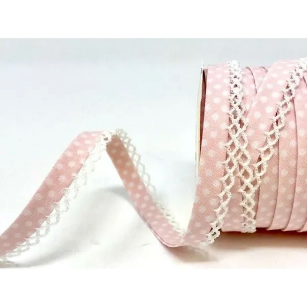 Picot Edge Polka Dot Bias Binding 12mm Wide 100% Cotton Sold per Metre Pale Pink