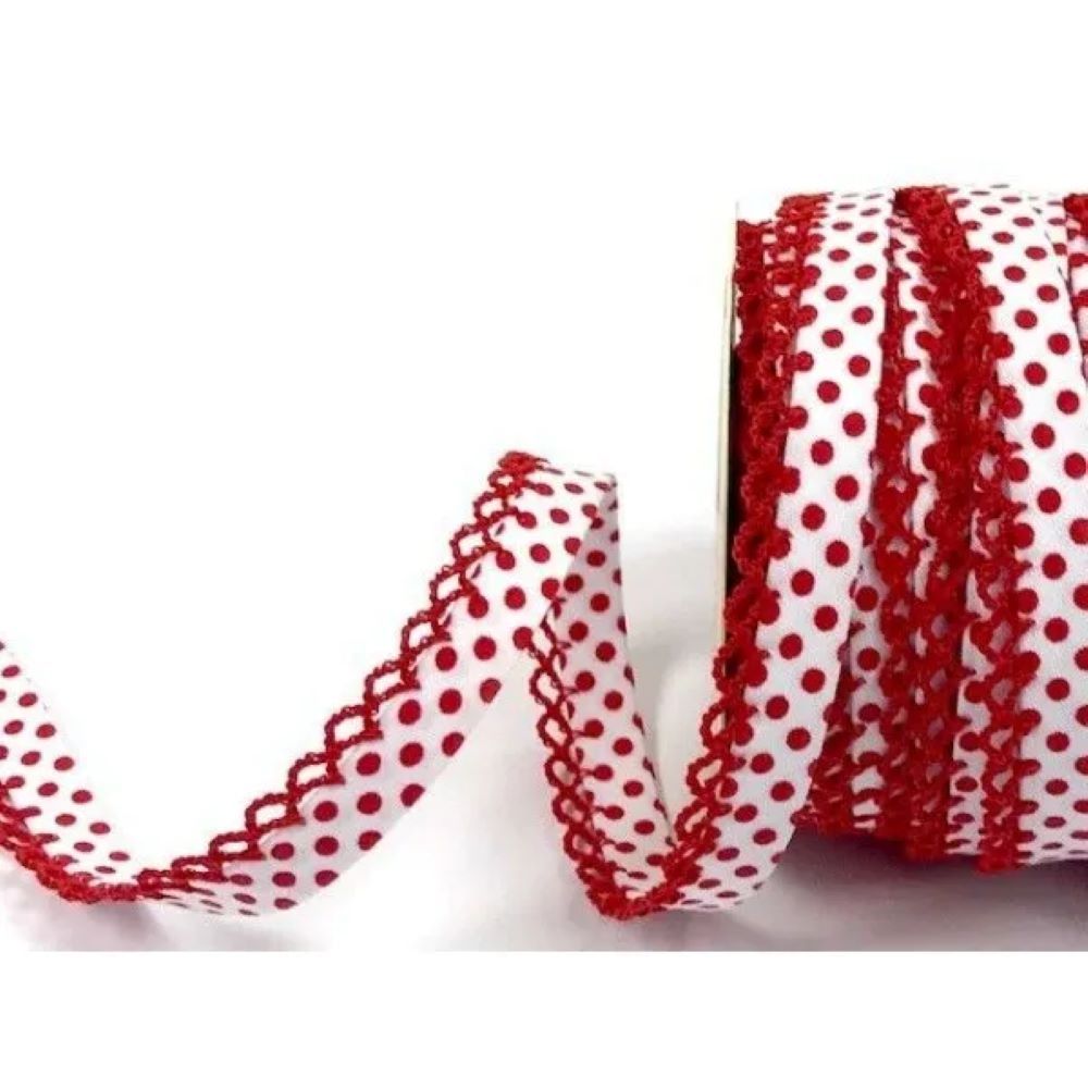 Picot Edge Polka Dot Bias Binding 12mm Wide 100% Cotton Sold per Metre Red