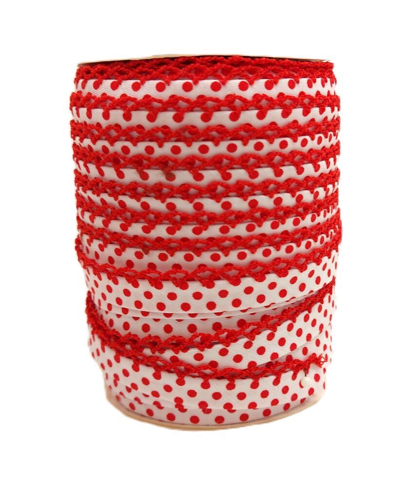 Picot Edge Polka Dot Bias Binding 12mm Wide 100% Cotton Sold per Metre Red