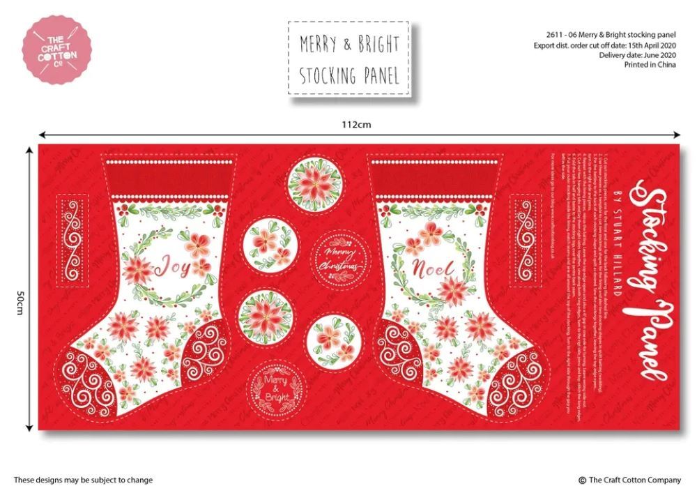 Merry & Bright Christmas Stocking Panel by Craft Cotton 60cm x 110cm approx