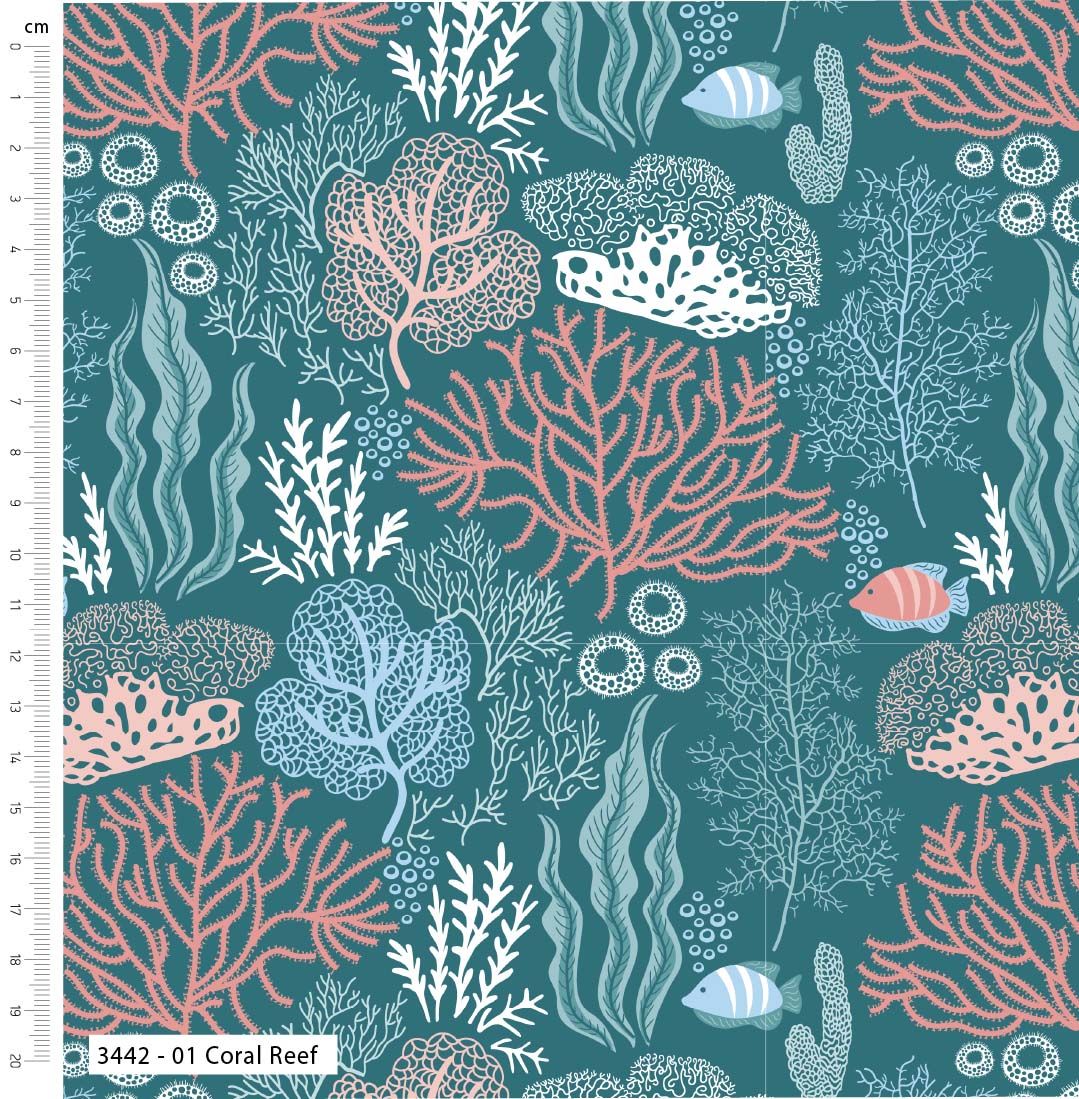 Tranquil Shores Fabric 112cm (44") wide approx. Sold as FQ, 1/2m or 1m 3442-01 Coral Reef