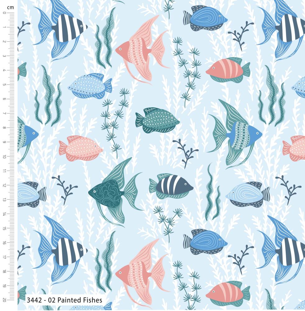 Tranquil Shores Fabric 112cm (44") wide approx. Sold as FQ, 1/2m or 1m 3442-02 Painted Fishes