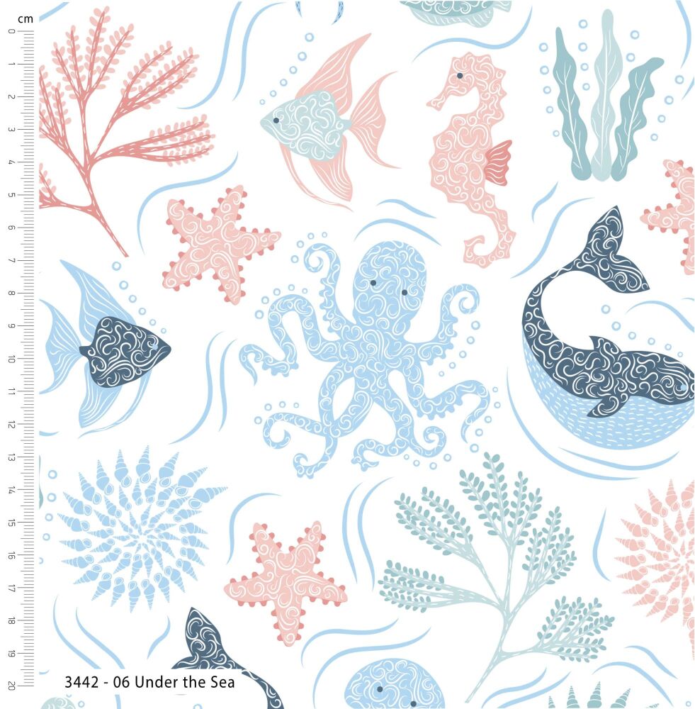 Tranquil Shores Fabric 112cm (44") wide approx. Sold as FQ, 1/2m or 1m 3442-06 Under the Sea