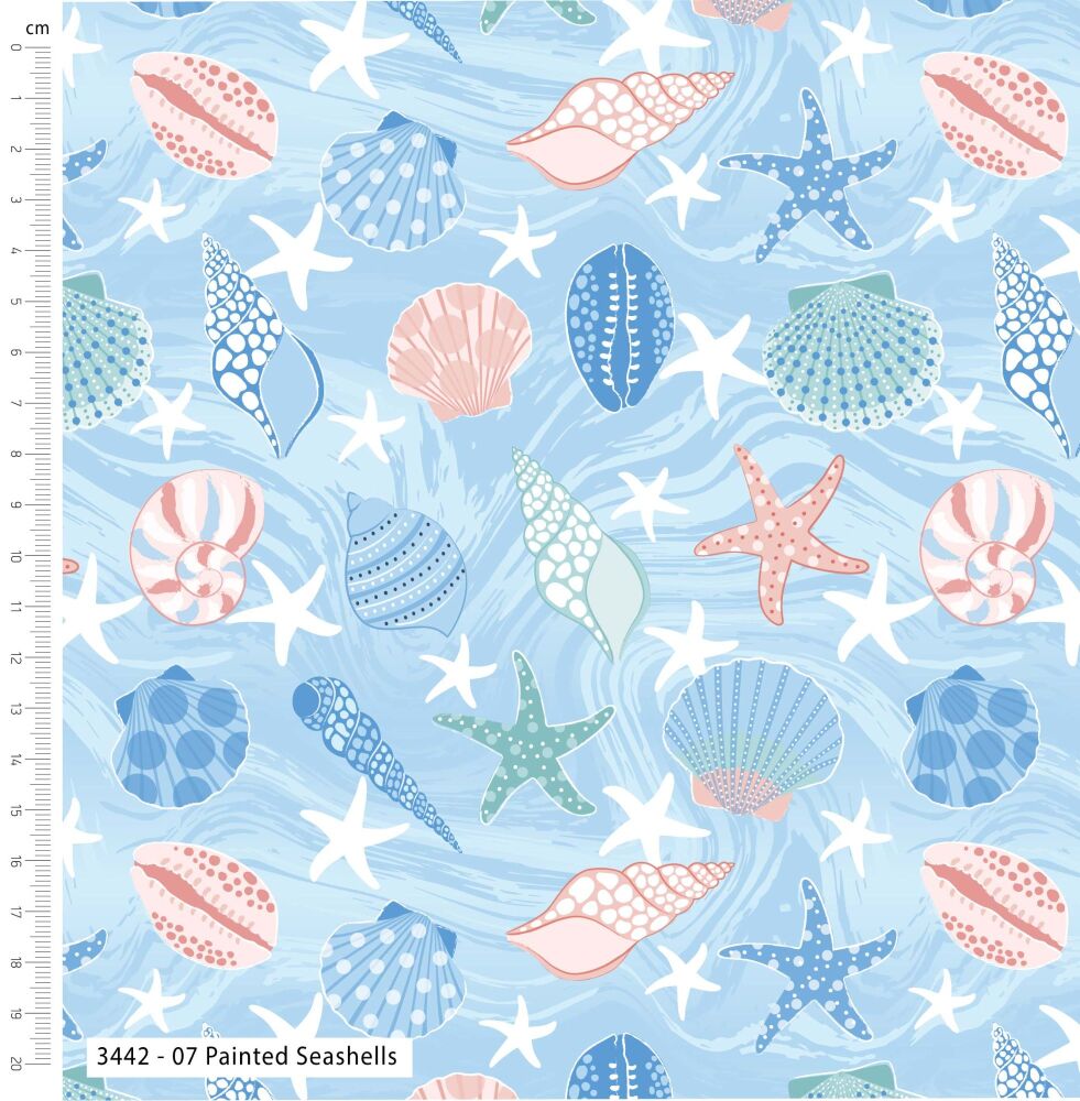 Tranquil Shores Fabric 112cm (44") wide approx. Sold as FQ, 1/2m or 1m 3442-07 Painted Seashells