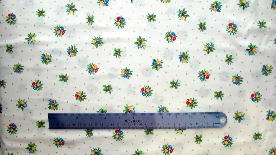 Christmas Bells & Holly Fabric 112cm (44") Wide by Nutex Sold as FQ, 1/2m, 1m Cream