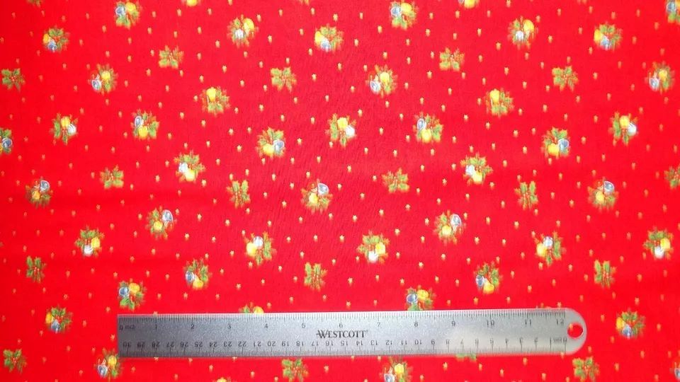 Christmas Bells & Holly Fabric 112cm (44") Wide by Nutex Sold as FQ, 1/2m, 1m Red