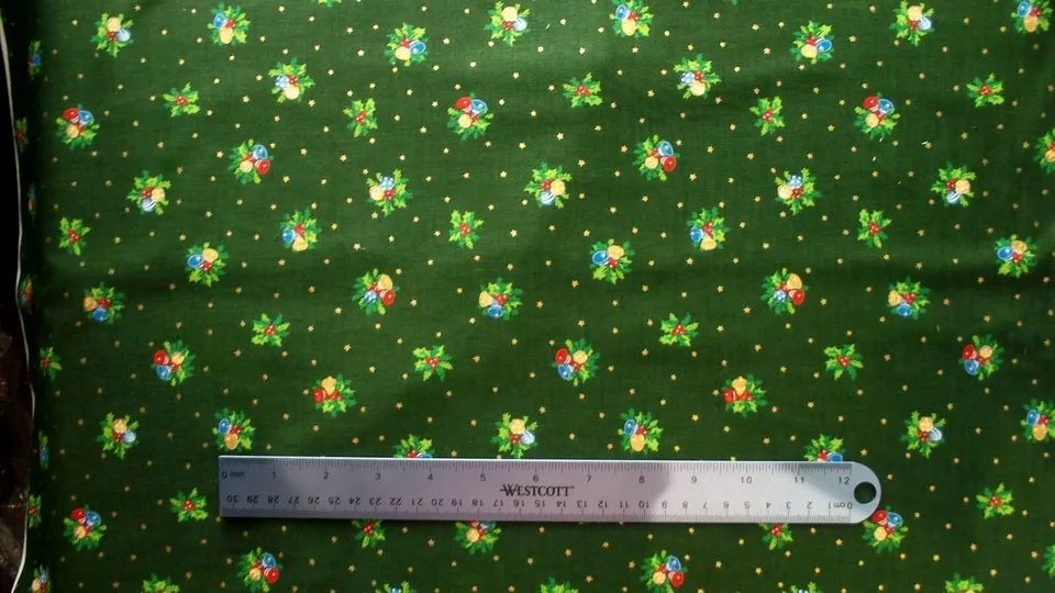 Christmas Bells & Holly Fabric 112cm (44") Wide by Nutex Sold as FQ, 1/2m, 1m Green