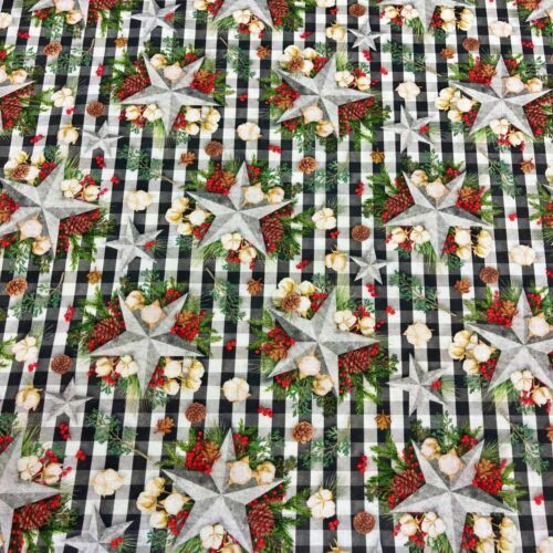 Christmas Fabric Stars on Gingham 112cm (44") Wide Sold as FQ, 1/2m, 1m 30040-105 Green