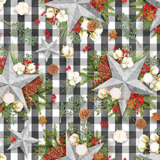 Christmas Fabric Stars on Gingham 112cm (44") Wide Sold as FQ, 1/2m, 1m 30040-105 Green