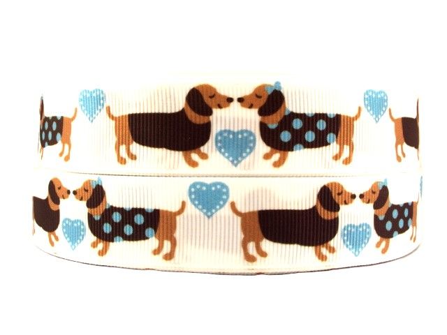 Dachshund Dog Grosgrain Ribbon 22mm Wide Sold per metre Turq/Brown