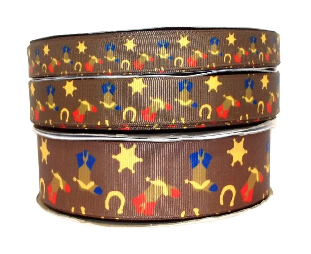 Cowboy Boots Grosgrain Ribbon 16/22/38mm Wide Sold per Metre Brown