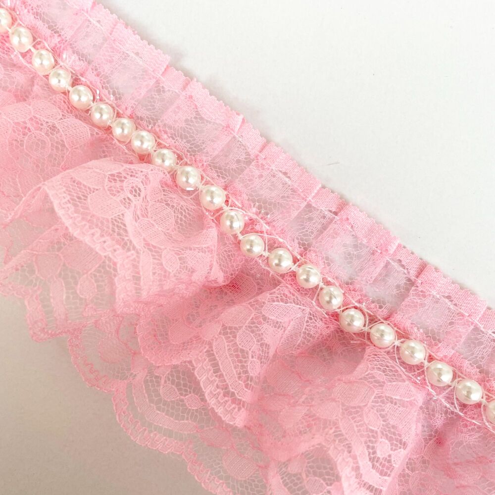 Lace with Pearls Gathered Two Layer 70mm Wide Pink