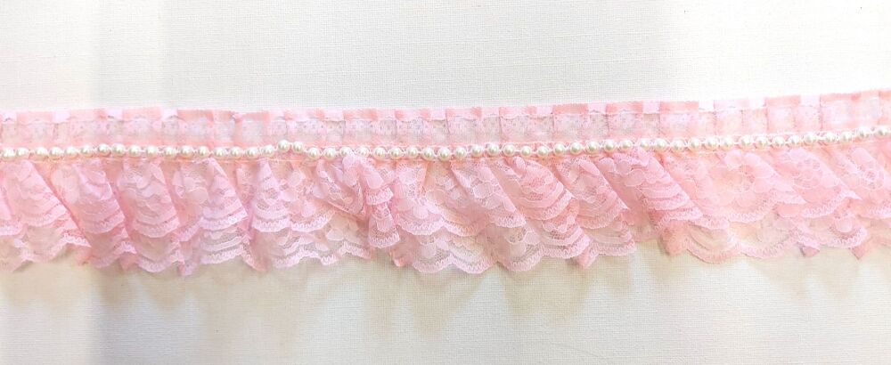 Lace with Pearls Gathered Two Layer 70mm Wide Pink