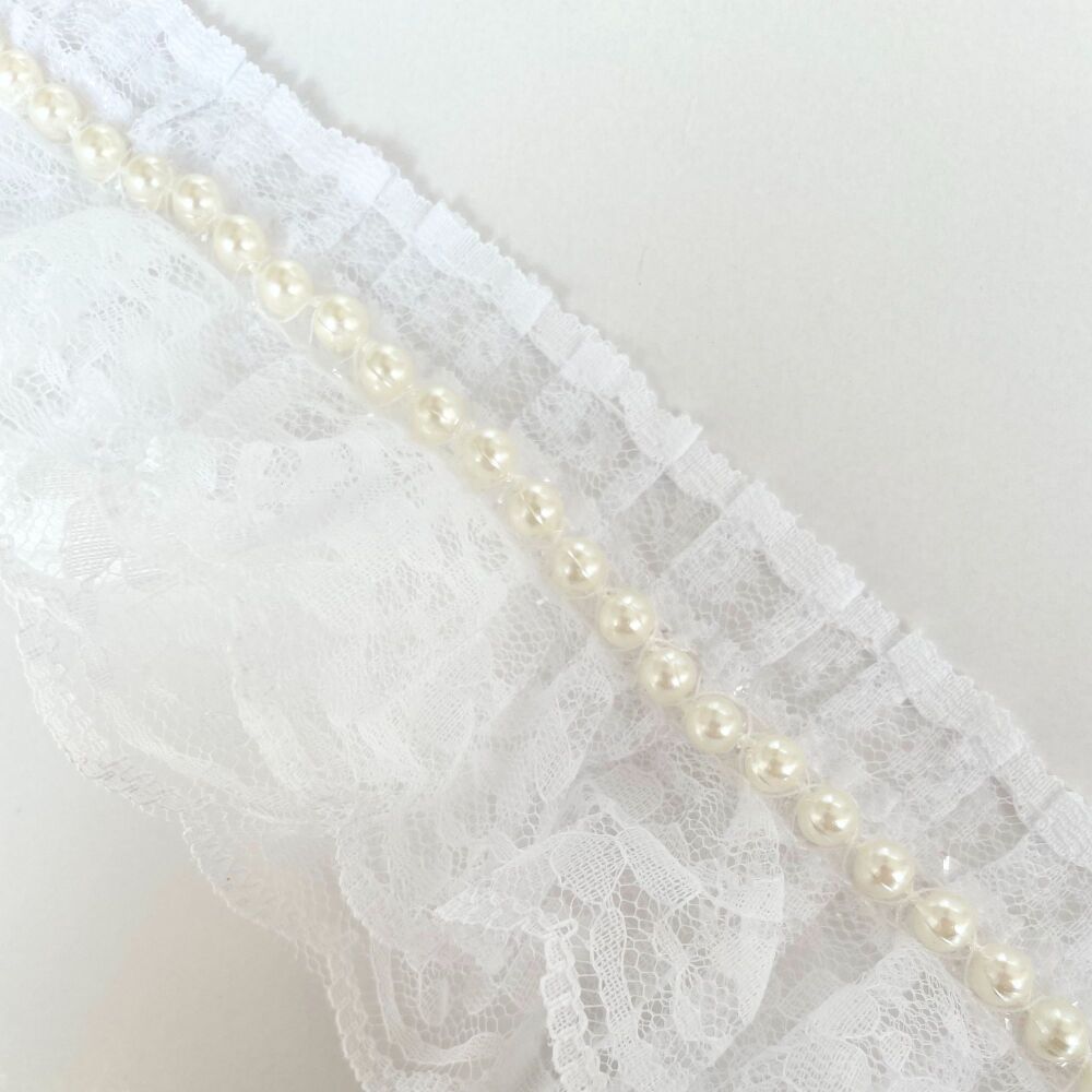 Lace with Pearls Gathered Two Layer 70mm Wide White