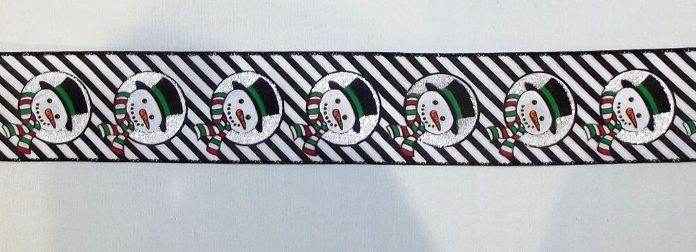 Wire Edge Christmas Snowman Ribbon 62mm Wide - Sold per metre Black/White Stripe