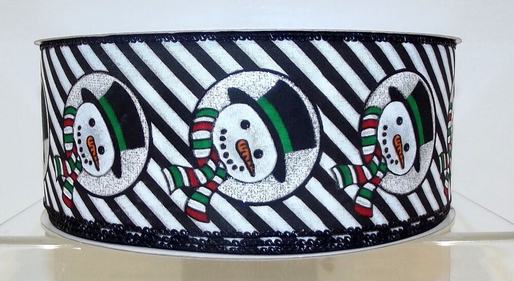 Wire Edge Christmas Snowman Ribbon 62mm Wide - Sold per metre Black/White Stripe