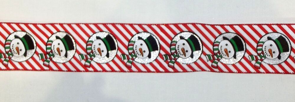 Wire Edge Christmas Snowman Ribbon 62mm Wide - Sold per metre Red/White Stripe