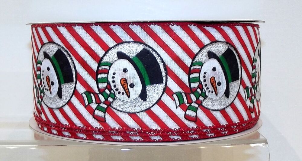 Wire Edge Christmas Snowman Ribbon 62mm Wide - Sold per metre Red/White Stripe