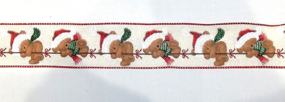 Wire Edge Christmas Teddy on a Rope Ribbon 62mm Wide - Sold per metre