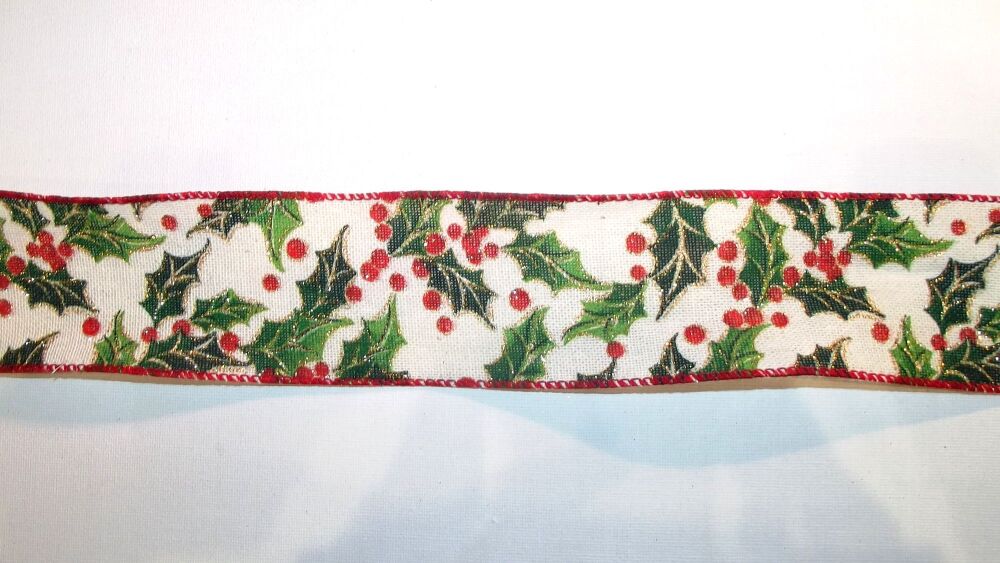 Wire Edge Christmas Holly Ribbon 62mm Wide - Sold per metre