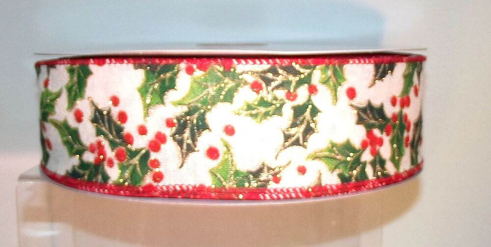 Wire Edge Christmas Holly Ribbon 62mm Wide - Sold per metre