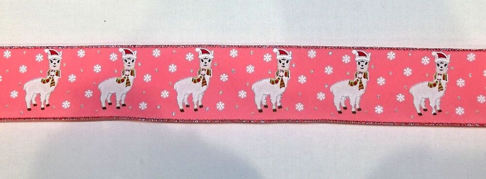 Wire Edge Christmas Llama Ribbon 62mm Wide - Sold per metre Pink Glitter