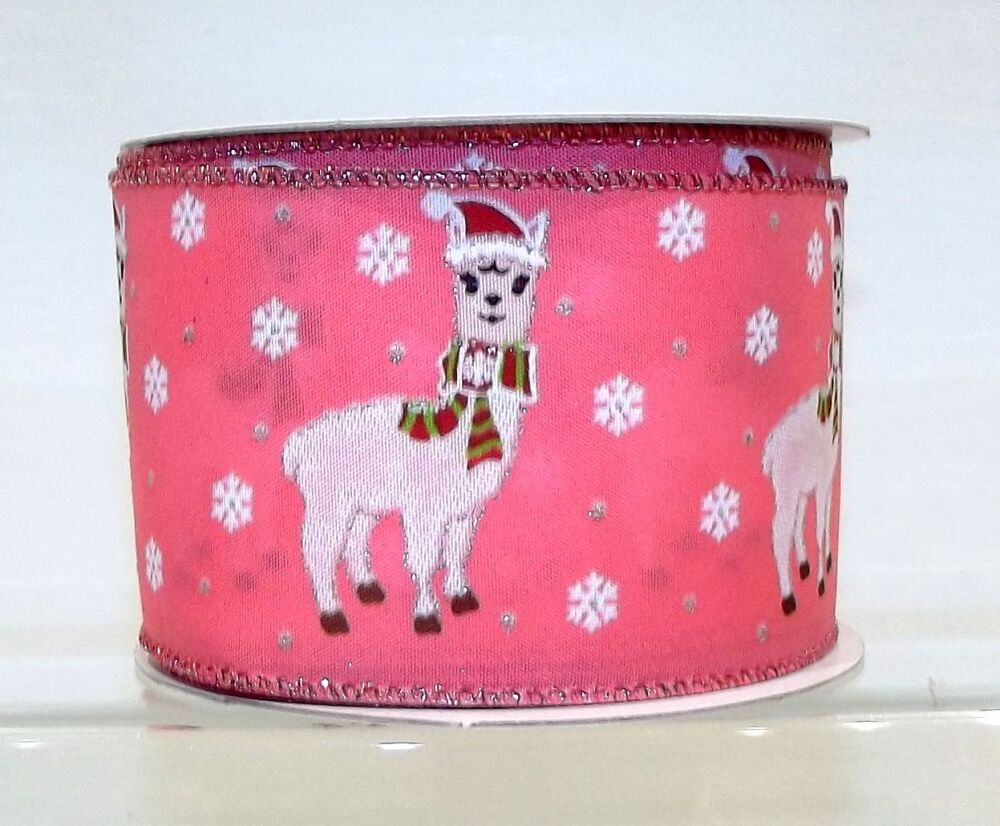 Wire Edge Christmas Llama Ribbon 62mm Wide - Sold per metre Pink Glitter
