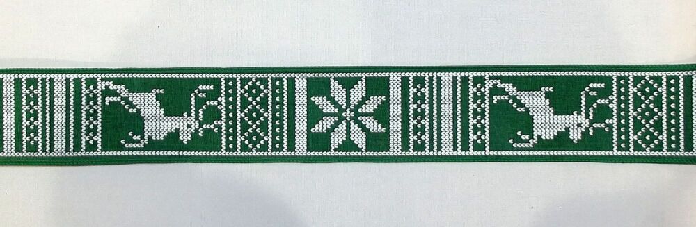 Wire Edge Christmas Scandi Reindeer Ribbon 62mm Wide - Sold per metre Green