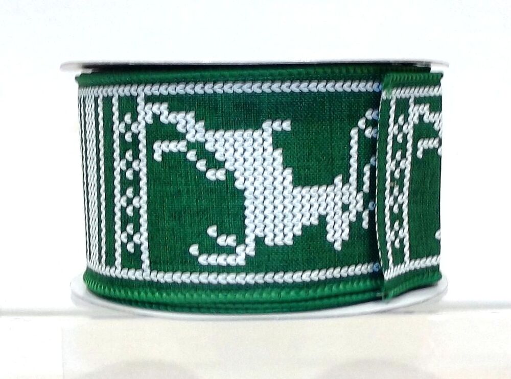 Wire Edge Christmas Scandi Reindeer Ribbon 62mm Wide - Sold per metre Green